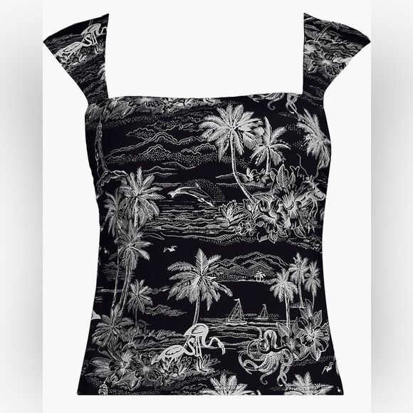 Land's End Plus Size Square Neck Back underwire tankini Black tropical scene Var - Picture 1 of 13